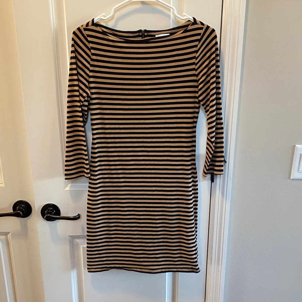 Xhilaration Black and Tan Striped Boatneck Mini Dress